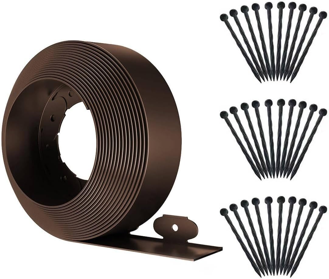 Landscape Edging,33ft x 4inch Tall Plastic Garden Edging Border with 30 Spikes,Lawn Edging for Landscaping Flower Bed,Yard,Patio-Coffee