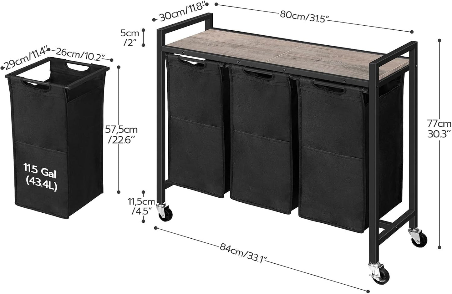 HOOBRO Laundry Sorter 3 Section, Laundry Hamper with Wheels, 3 × 11.5 Gal (43.4L), Rolling Laundry Basket, Pull-Out and Removable Oxford Fabric Bags, Greige and Black BG76XY01