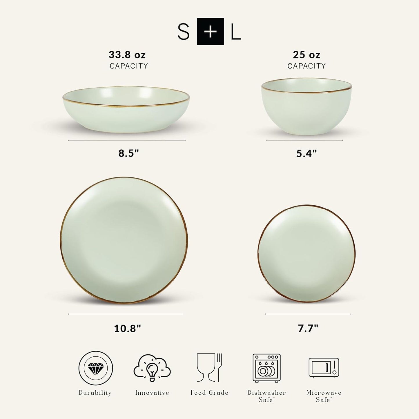 Stone Lain, Stoneware, Service for 4, Light Green, Plates and Bowls Sets, Dinnerware Set with 4 Dinner - & 4 Salad Plates, 4 Pasta - & 4 Round Bowls, Dishwasher & Microwave Safe, 16-Piece