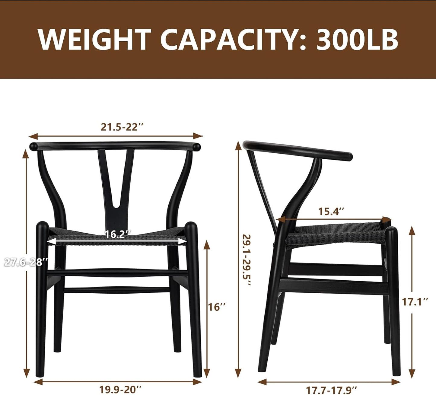 Wishbone Chair Natural Solid Wood Dining Chair/Hans Vegner Y Chair Rattan and Wood Accent Armrest Chairs Set of 2 (Ash Wood - Black)