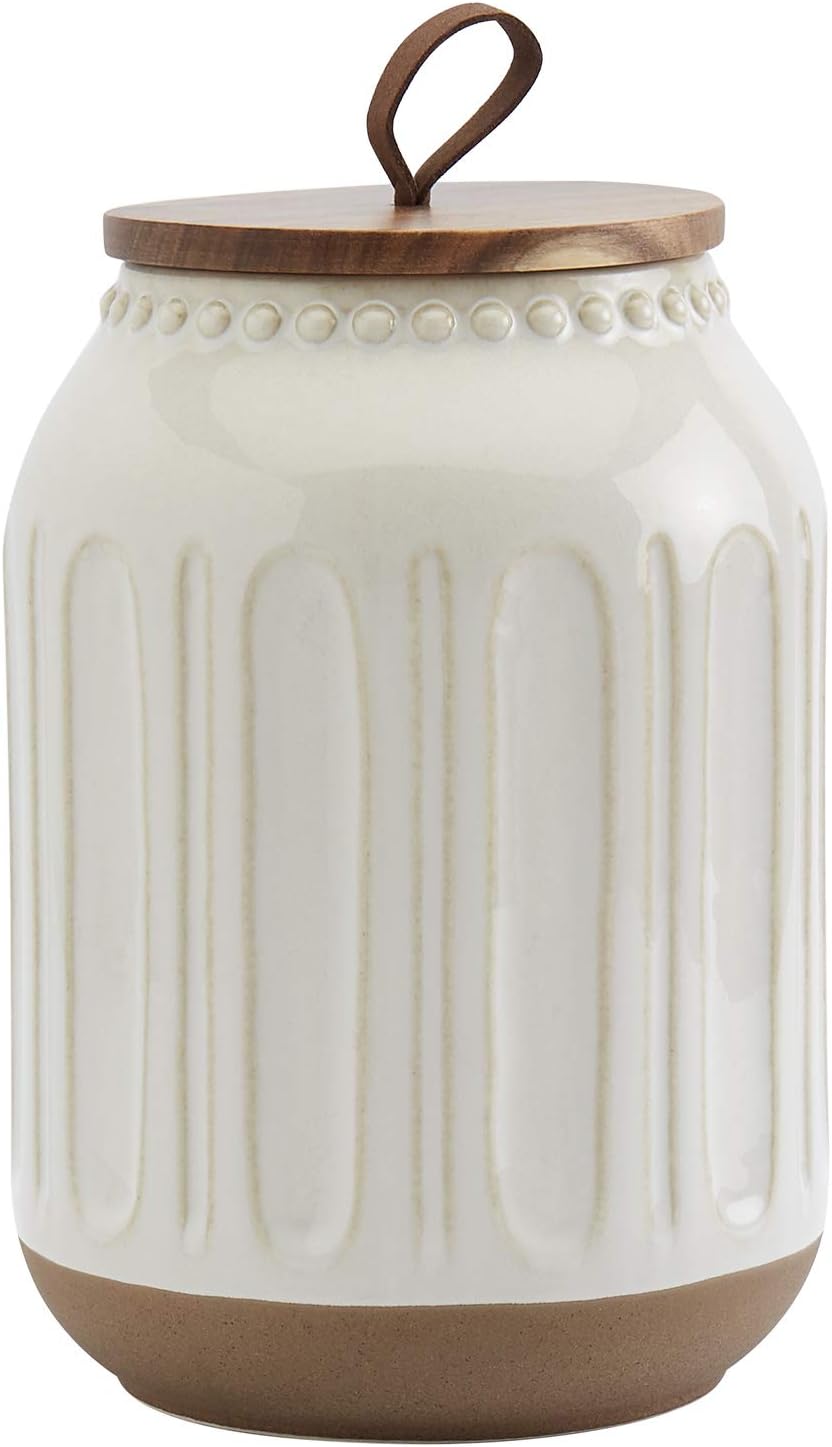 TTU Tabletops Gallery Ceramic Canister Collection- Stoneware Designed Kitchen Storage Embossed Acacia Wood White Set, 3 Piece Embossed Ziggy White Canister Set