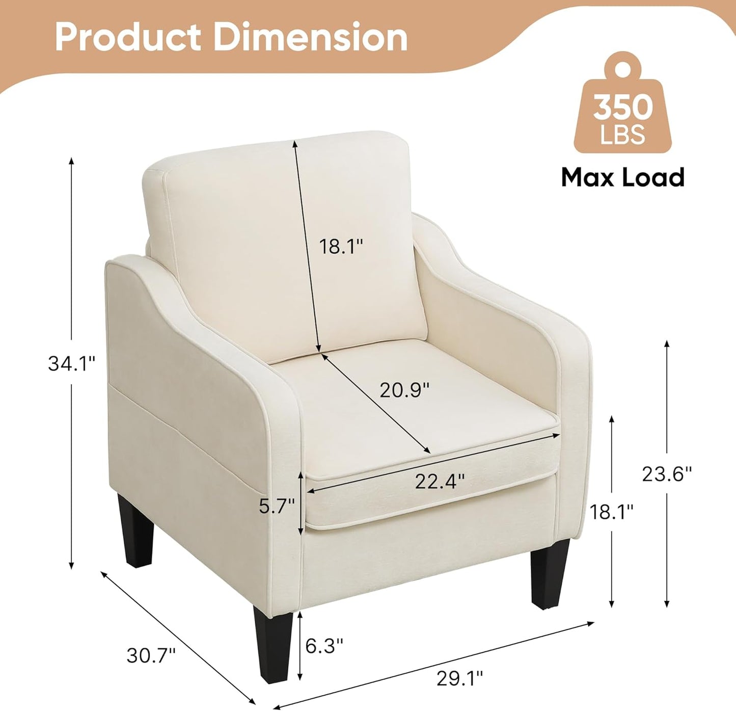 Accent Chairs Set of 2, Upholstered Living Room Chairs with Side Pockets, Mid Century Modern Reading Chair for Bedroom, Comfy Armchair Single Sofa Side Chair for Office, Small Room, Beige