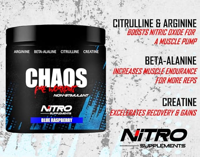 Nitro Supplements - Chaos - Non Stim Pre-Workout (30 Sevings) Beta-Alanine, L-Citrulline, Arginine, Creatine, Taurine Stim-Free Non-Stimulant (30 Servings, Blue Raspberry)