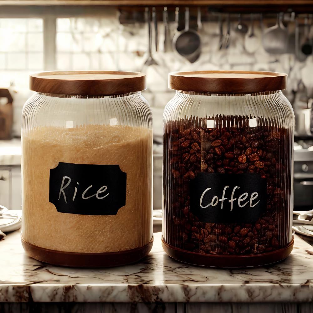 SAIOOL 2-Pack Striped Borosilicate Glass Airtight Canisters - Big mouth Large Capacity, Acacia Wood Lid, Food Storage Jars for Flour, Pasta, Pantry Organization (3/4 Gallon (2 Striped pack))