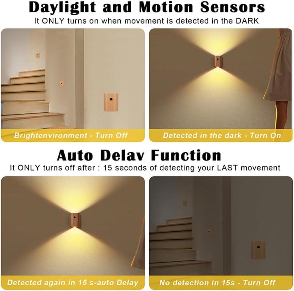 LANDGOO White Ash Wood Night Light Step Light - Smart Motion Sensor Stair Lighting, Rechargeable 2700K LED for Bedroom Hallway Safety, Easy Install (1 Pack)