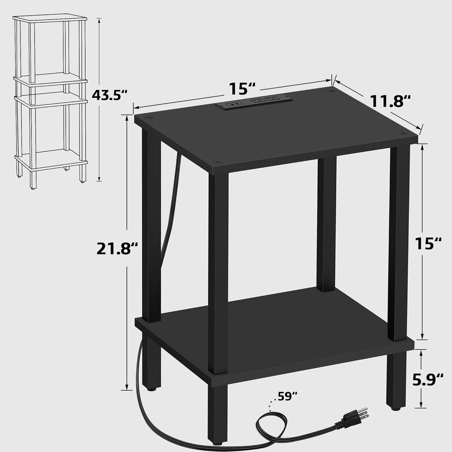 TUTOTAK End Table with Charging Station, Set of 2, Side Table with USB Ports and Outlets, Nightstand, 2-Tier Storage Shelf, Sofa Table for Small Space, Living Room, Bed Room TB01BK041