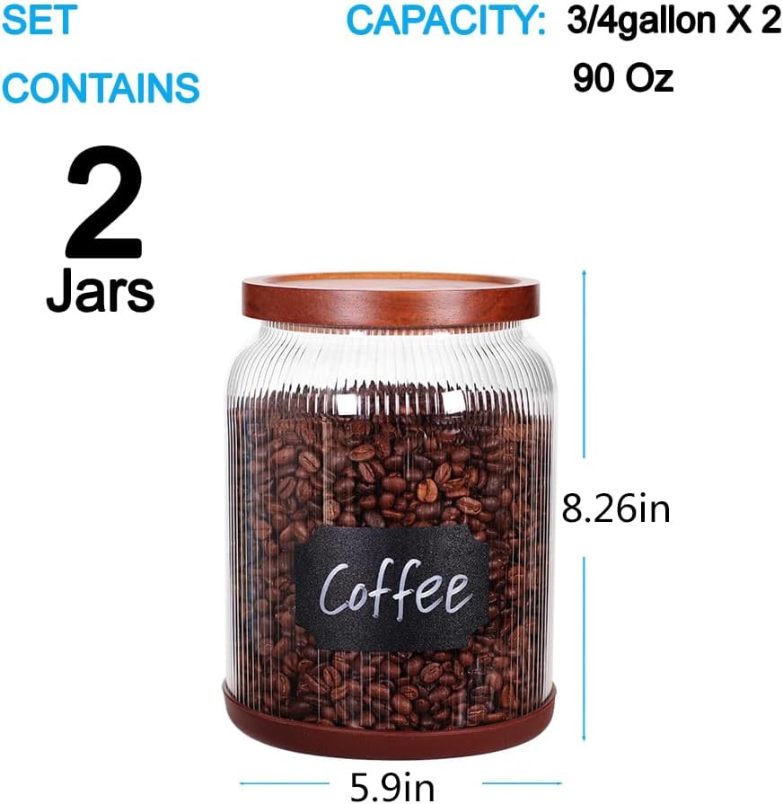 SAIOOL 2-Pack Striped Borosilicate Glass Airtight Canisters - Big mouth Large Capacity, Acacia Wood Lid, Food Storage Jars for Flour, Pasta, Pantry Organization (3/4 Gallon (2 Striped pack))