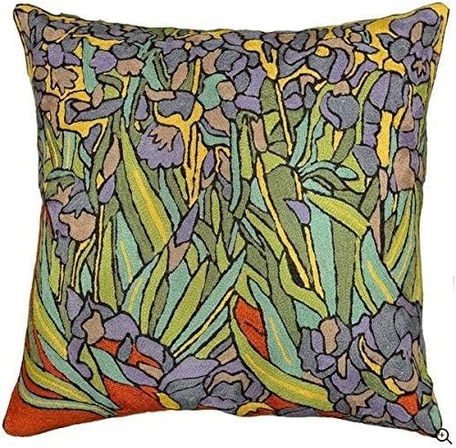 Van Gogh Irises Pillow Cover Green Floral Pillowcase Needlepoint Flower Chair Cushion Accent Botanical Flowery Outdoor Cushions Plant Hand Embroidered Wool Size 18x18