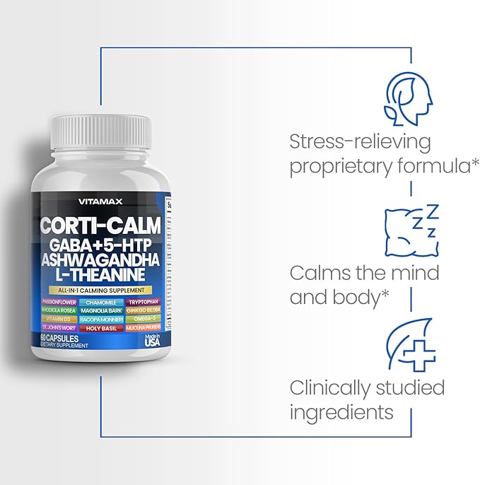 Corti-Calm Cortisol Supplement, L Theanine, Ashwagandha, Vitamin D 3, GABA for Relaxation, Fatigue & Focus with Ginkgo Biloba, Bacopa Monnieri, 5-HTP – Non-GMO, Made in USA – 60ct