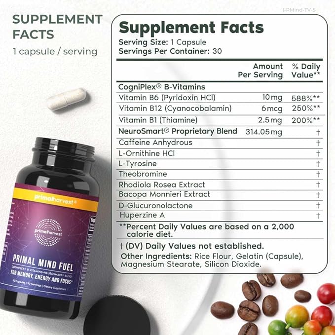 2 Pack, Primal Mind Fuel Brain Booster for Focus, Energy, Clarity, Memory Brain Health 30 Capsules Nootropics Brain Support Supplement for Men and Women