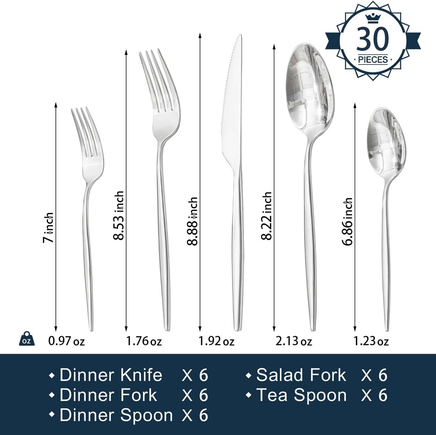 KINGSTONE Silverware Set, 30-Piece Flatware Set Cutlery Set Premium 18/10 Stainless Steel, Tableware Include Forks Knives Spoons for Home Kitchen Restaurant Wedding, Dishwasher Safe