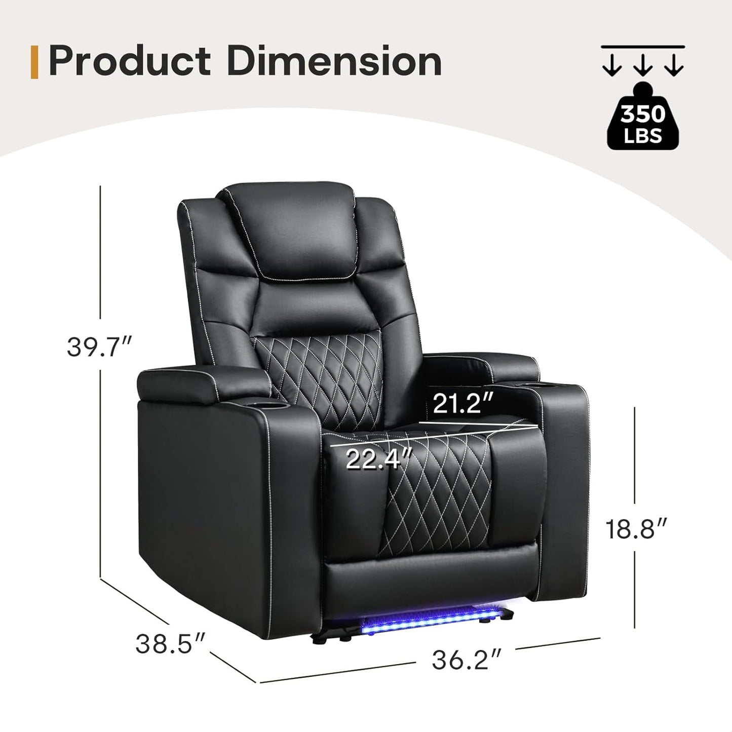 ANJ Power Recliner Chair with USB Port, Electric PU Leather Home Theater Seating for Living Room, Movie Reclining Chairs with Blue Ambient Lighting, Hidden Arm Storage, Cup Holders (Black)