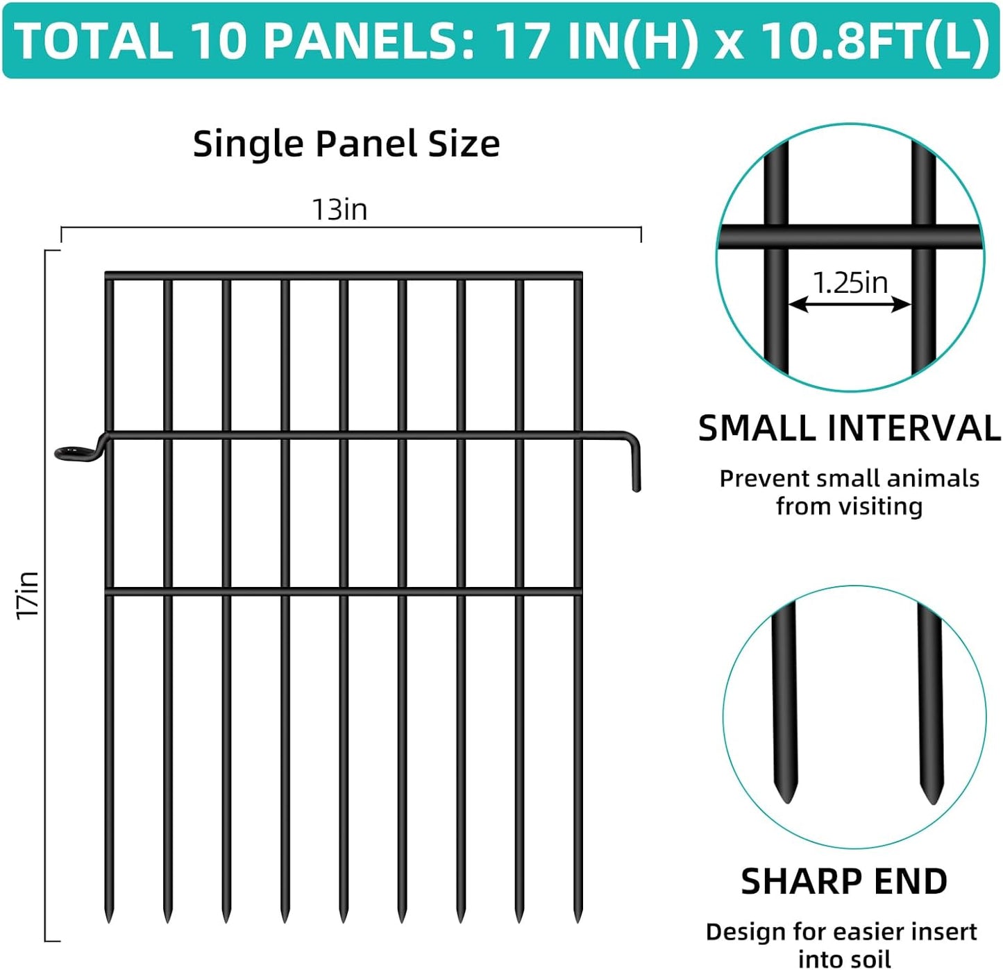 Animal Barrier Fence, 10 Panels No Dig Fences, 17in(H) X 10.8ft(L) Garden Fence Animal Barrier for Rabbits and Dog Under Fencing Barrier, Rustproof Metal Fences Border for Outdoor, Yard, Patio