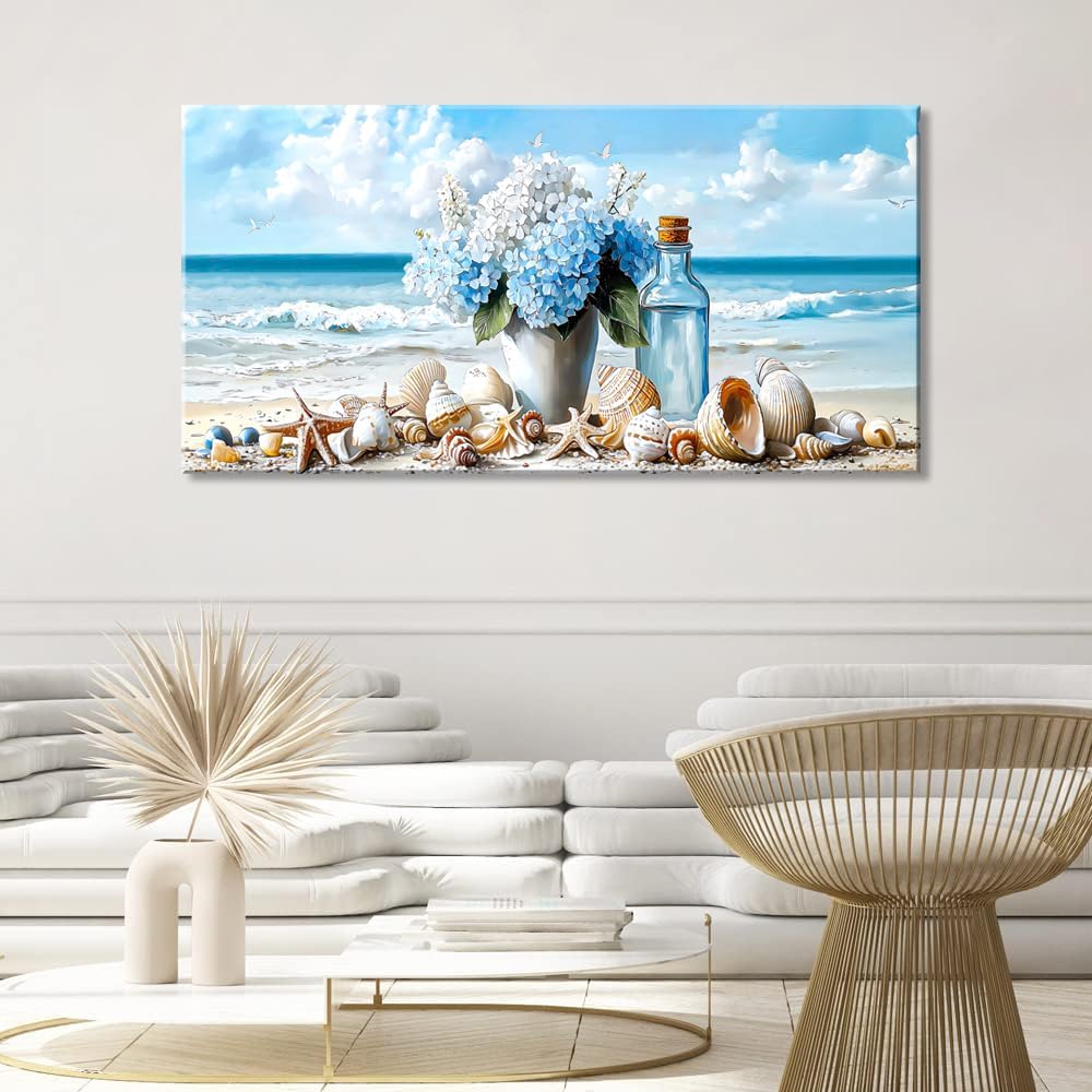 LASMOND Romantic Beach Wall Art for Living Room Blue Shells Conch Vase Canvas Prints Modern Large Flower Bottle Bedroom Ocean Artwork Decor (30x16 Inches)