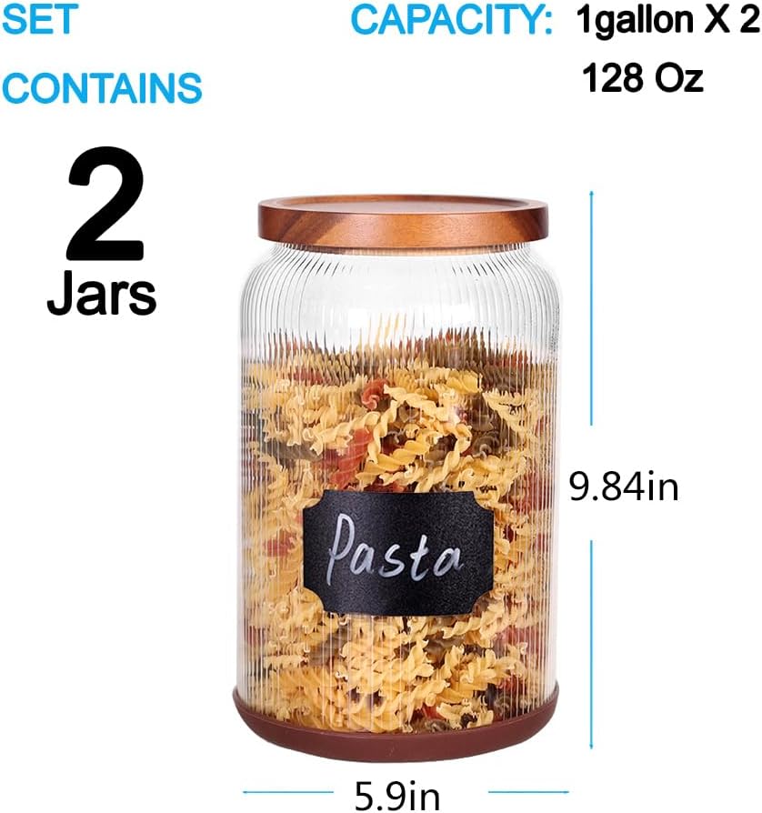 SAIOOL 2-Pack Striped Borosilicate Glass Airtight Canisters - Big mouth Large Capacity, Acacia Wood Lid, Food Storage Jars for Flour, Pasta, Pantry Organization (1 Gallon (2 Striped pack))