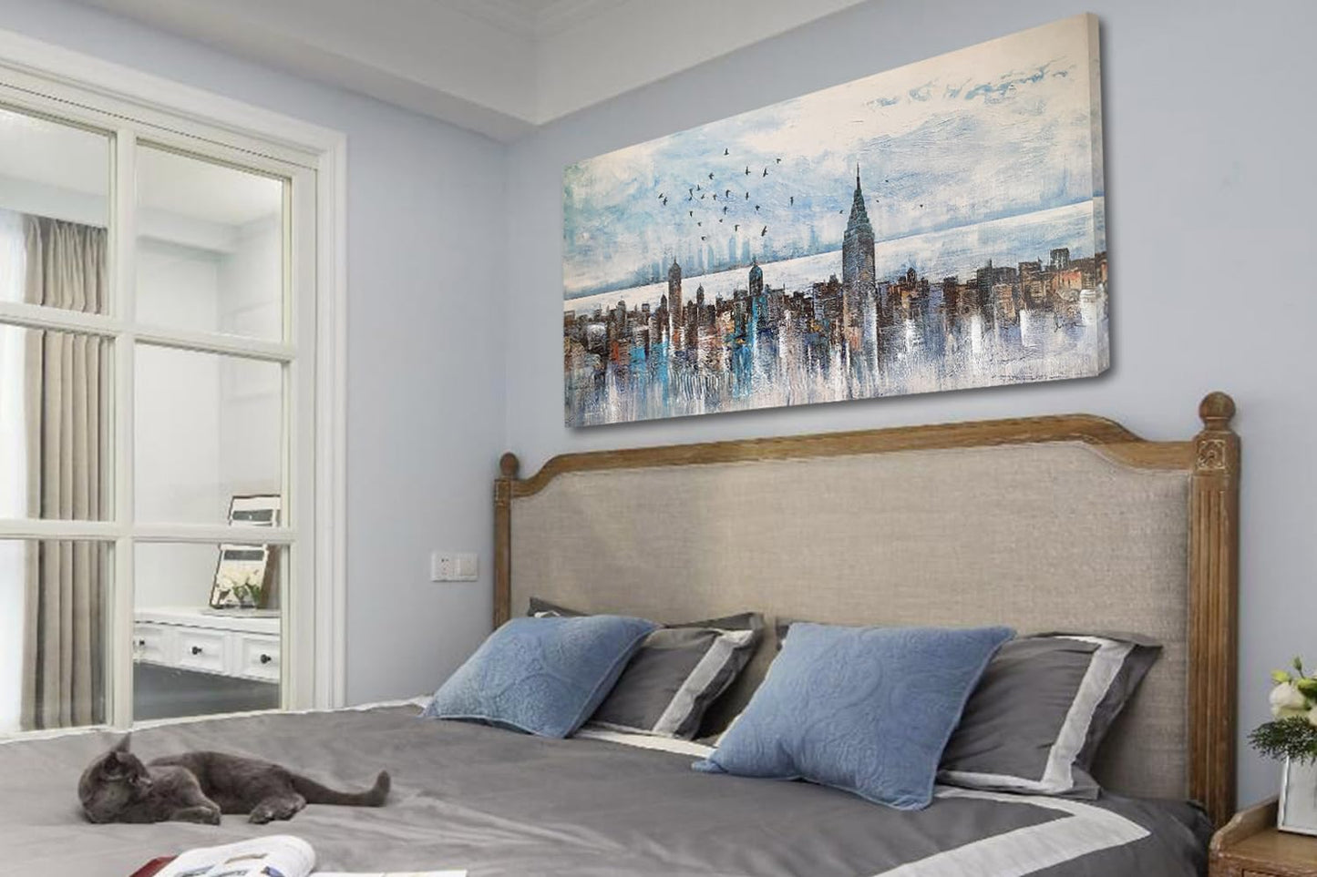 Arjun Cityscape Wall Art New York City Skyline Buildings Picture Modern Abstract Grey NYC Skyline Birds Painting Framed Artwork for Bedroom Living Room Bathroom Home Office Decor, Large Size 40"x20"