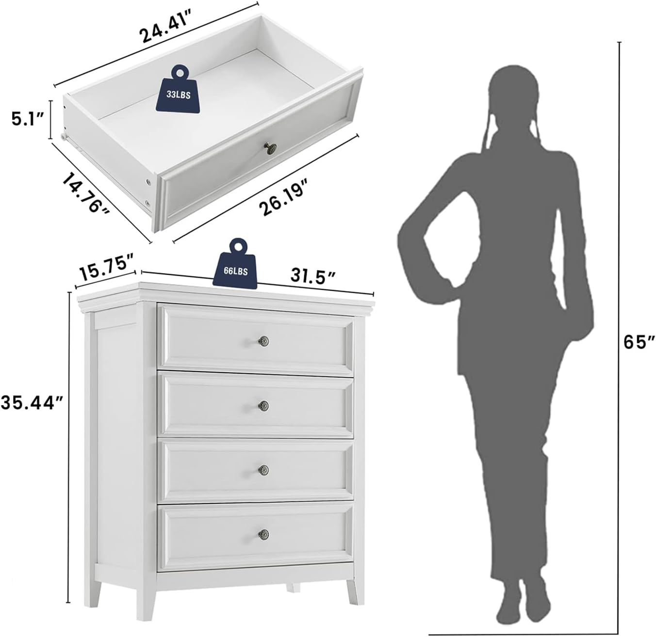 BLANKSPACE White Dresser for Bedroom, 4 Chest of Drawers Modern Wood Nightstand, Tall Clothes Organizer Cabinet for Guest Room, Living Room, Closets, Hallway, Bedroom