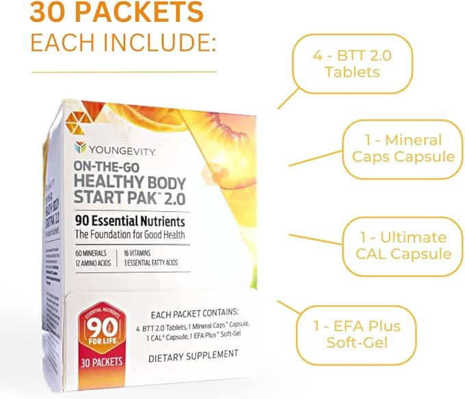 Youngevity On-The-Go Healthy Body Start Pak 2.0 - Includes Multi-Vitamins, Minerals, EFAs, & Amino Acids | 90 Essential Nutrients | 60-Day Supply