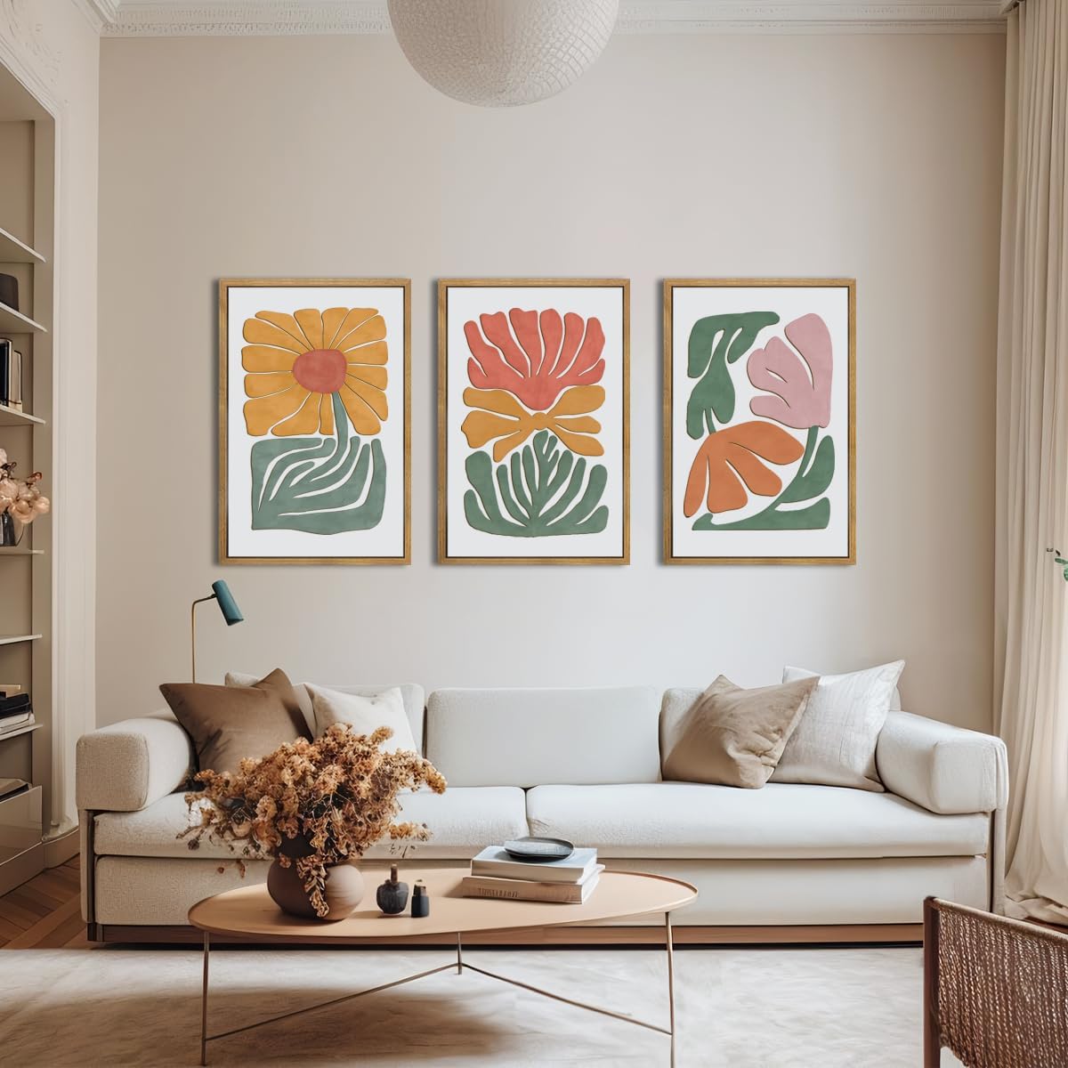 Large Abstract Boho Floral Wall Art Set Colorful Botanical Wood Wall Decor Modern Mid Century Artwork Neutral Bohemian Art Decor for Living Room Bedroom Office-16x24Inch x3