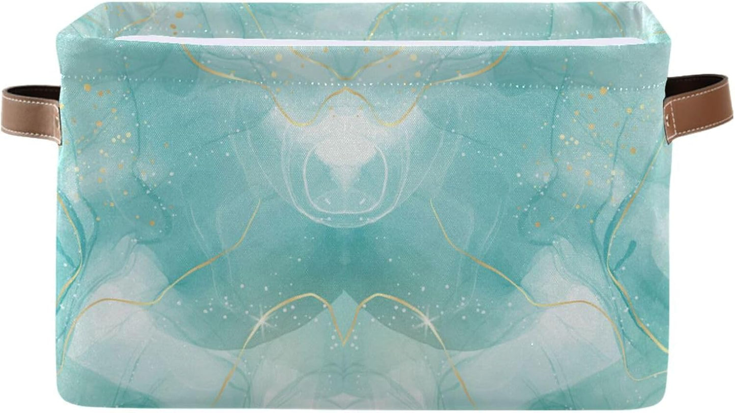 susiyo Large Foldable Storage Bin Storage Baskets for Shelves Storage Bins for Organizing Shelf Nursery Toys Decorative Linen Fabric Bins Cube with PU Handles 1 Pack,Green Marble