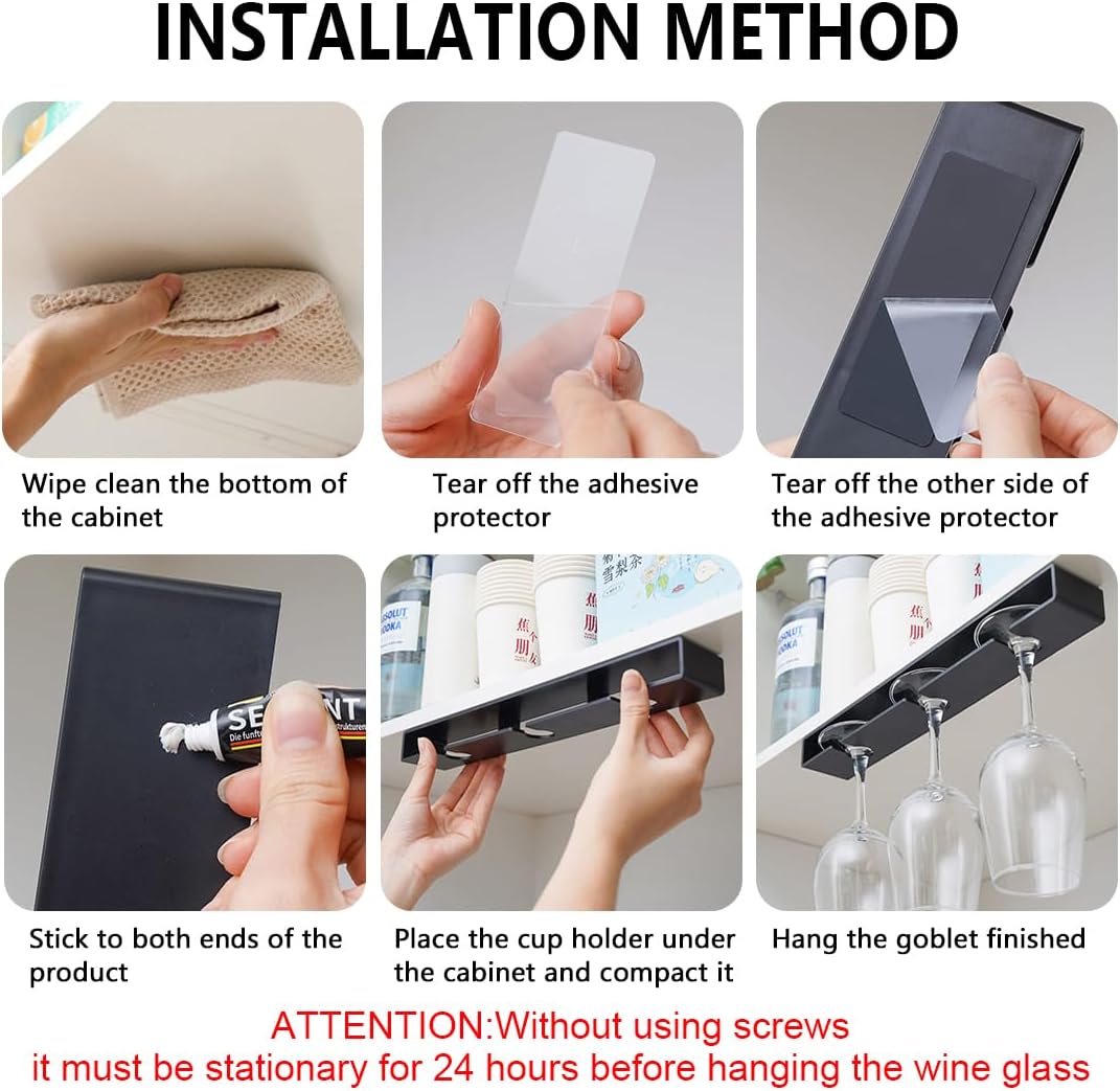 4Pack Wine Glass Holder Under Cabinet Shelf,Plastic Wine Glass Rack Stemware Drying Storage Hanger for Kitchen,Bar and Restaurant(Black)