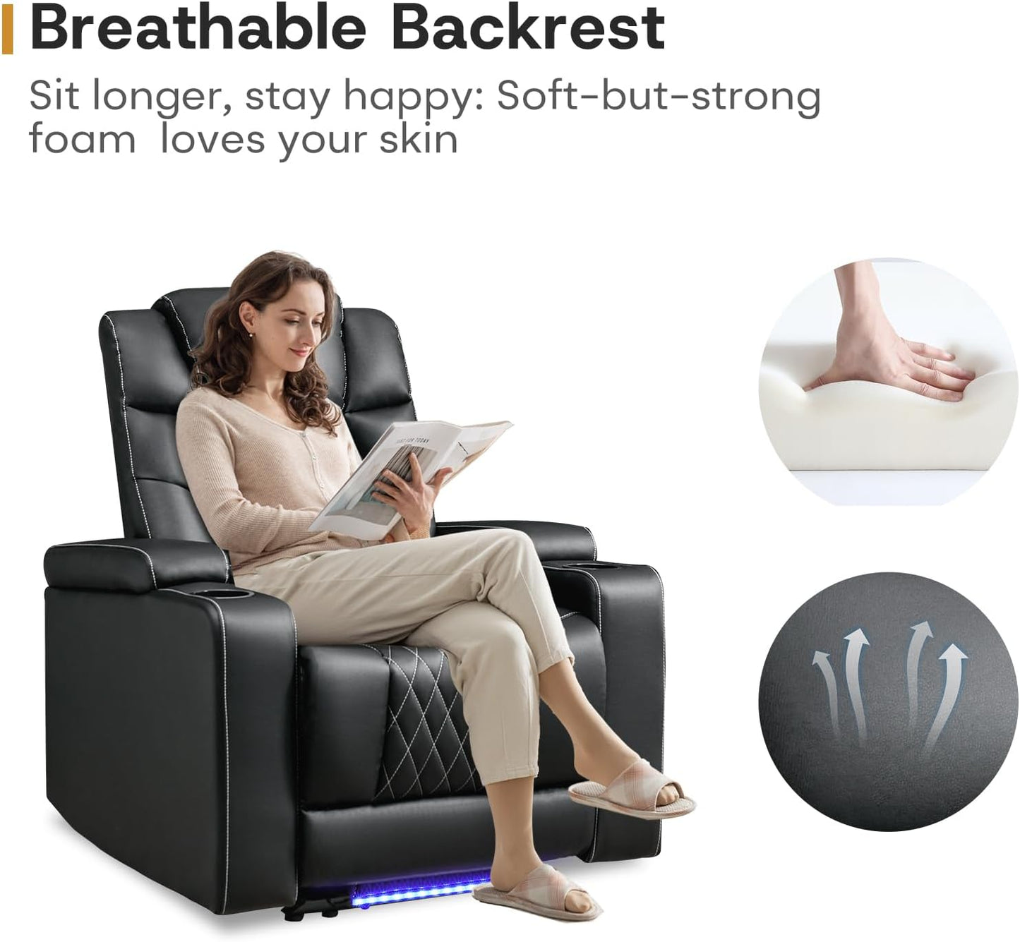 ANJ Power Recliner Chair with USB Port, Electric PU Leather Home Theater Seating for Living Room, Movie Reclining Chairs with Blue Ambient Lighting, Hidden Arm Storage, Cup Holders (Black)
