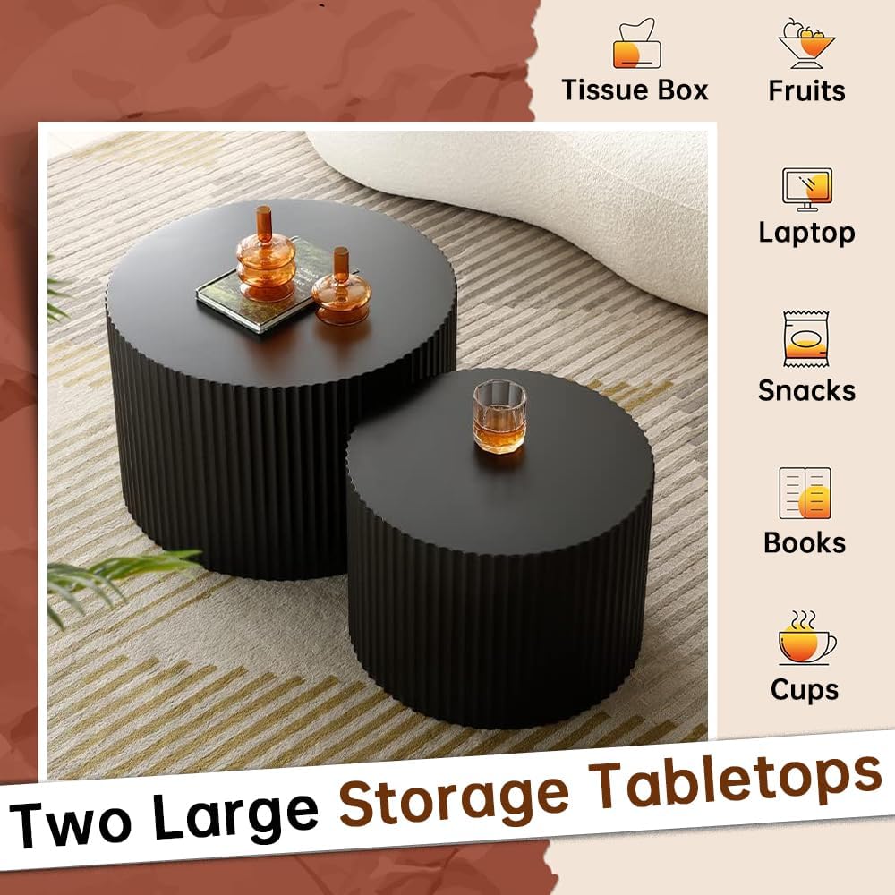 Round Nesting Coffee Table Set of 2 Modern Black Fluted Coffee Table Small Round End Table Side Table Circular Coffee Tables Circle Nested Coffee Tables for Living Room (Black Small)