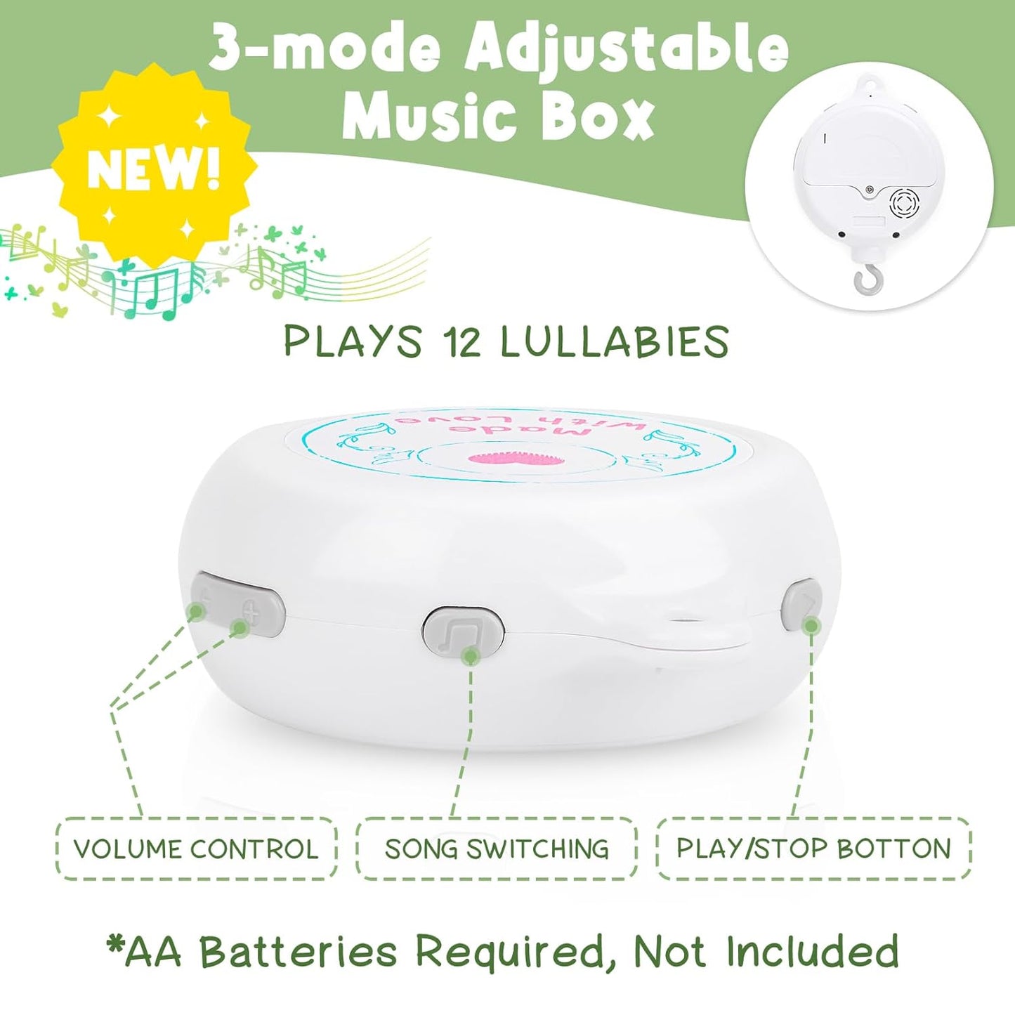 Dinosaur Crib Mobile – Grey and Green Dino Baby Crib Mobile with 3-Mode Music Box, Jurassic Dreams Baby Mobile for Boys & Girls, Nursery Mobiles, Fits Standard Cribs