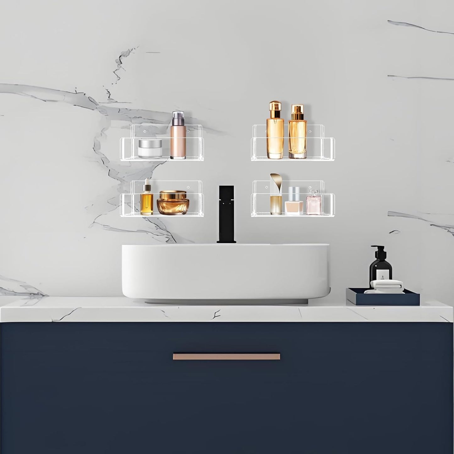 Acrylic Spice Rack Wall Mount-6 Inch, Clear Spice Shelf Storage Holder, 4 Pack Hanging Seasoning Rack Organizer for Cabinet Door, Cupboard or Wall Kitchen (Adhesive or Screw)