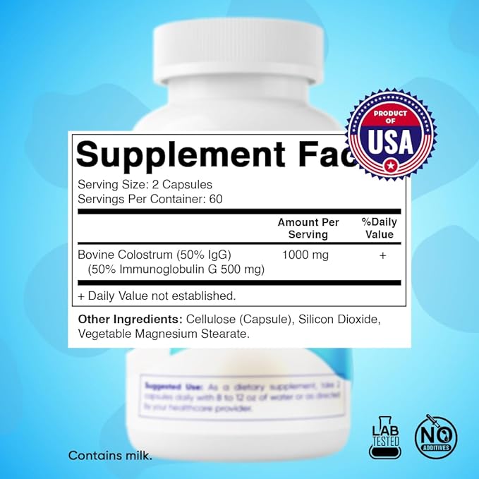 Vitamatic Bovine Colostrum Supplement 1000 mg per Serving - 50% Highest IgG - Supplement for Gut Health, Hair Growth, Beauty, Muscle Recovery, & Immune Support - 120 Capsules