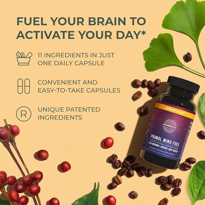 2 Pack, Primal Mind Fuel Brain Booster for Focus, Energy, Clarity, Memory Brain Health 30 Capsules Nootropics Brain Support Supplement for Men and Women
