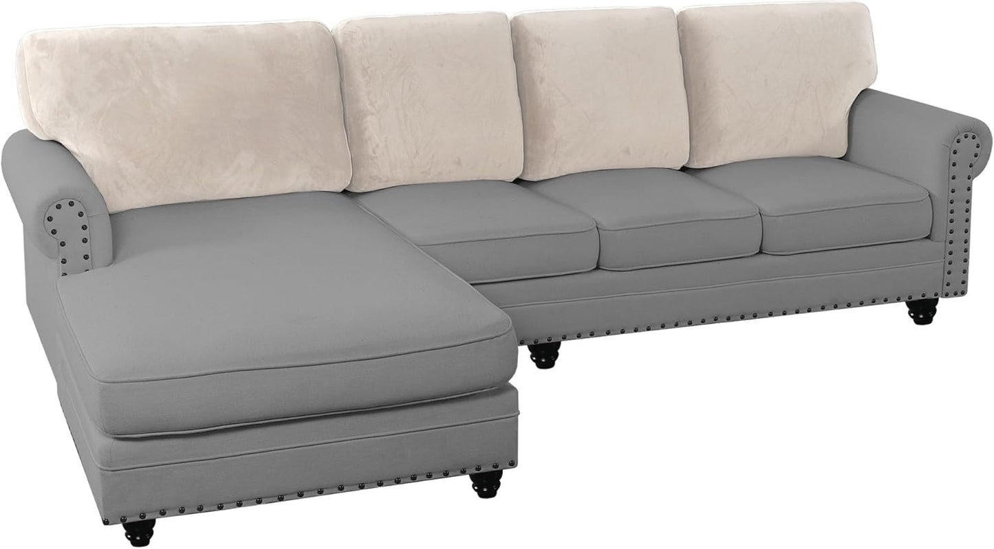 PrinceDeco Sectional Couch Covers Velvet Cushion Covers for Sectional Couch Washable Cushion Covers for Sectional Sofa Pet Friendly Sectional Sofa Slipcovers(1 Chaise Back+ 3 Sofa Back,Ivory)