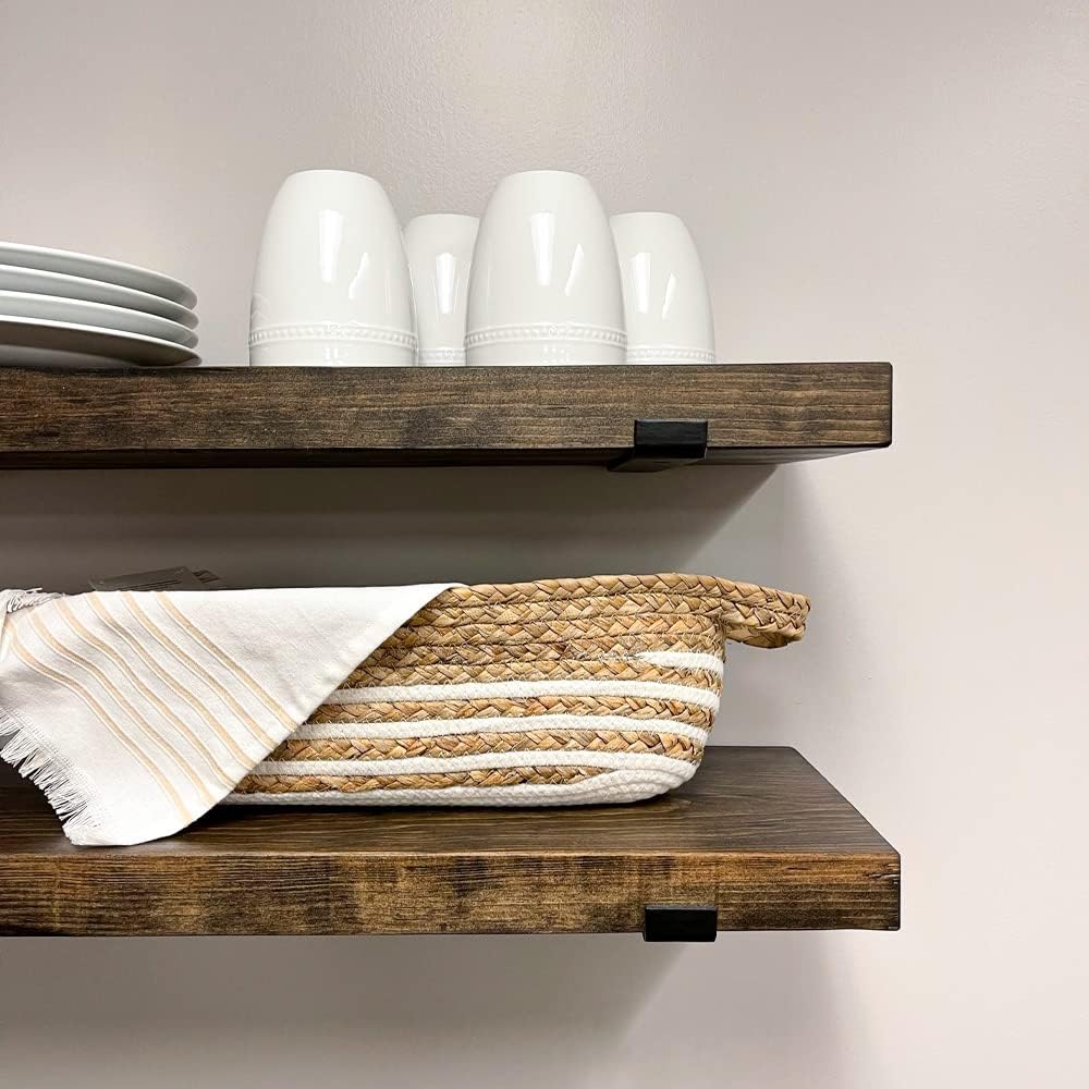 Rustic Shelves with J-Brackets Set of 2, Industrial Shelf, Kitchen Shelves, Solid Wood, Decorative Wall Storage, Heavy Duty, URBANDI (Dark Brown, 36Wx8D)
