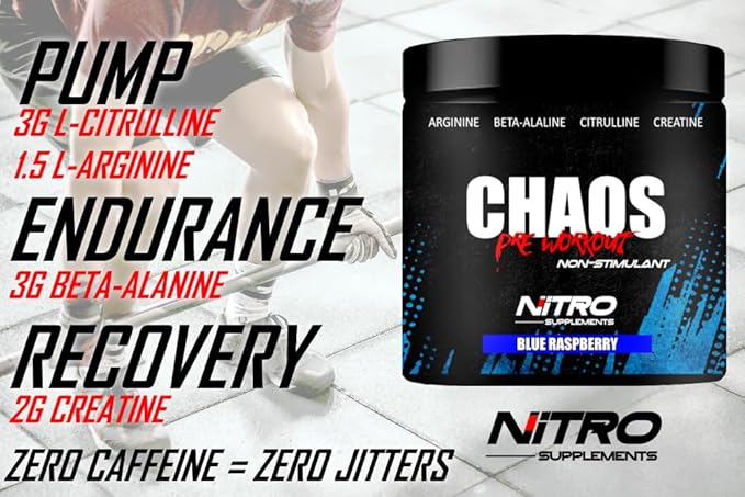 Nitro Supplements - Chaos - Non Stim Pre-Workout (30 Sevings) Beta-Alanine, L-Citrulline, Arginine, Creatine, Taurine Stim-Free Non-Stimulant (30 Servings, Blue Raspberry)