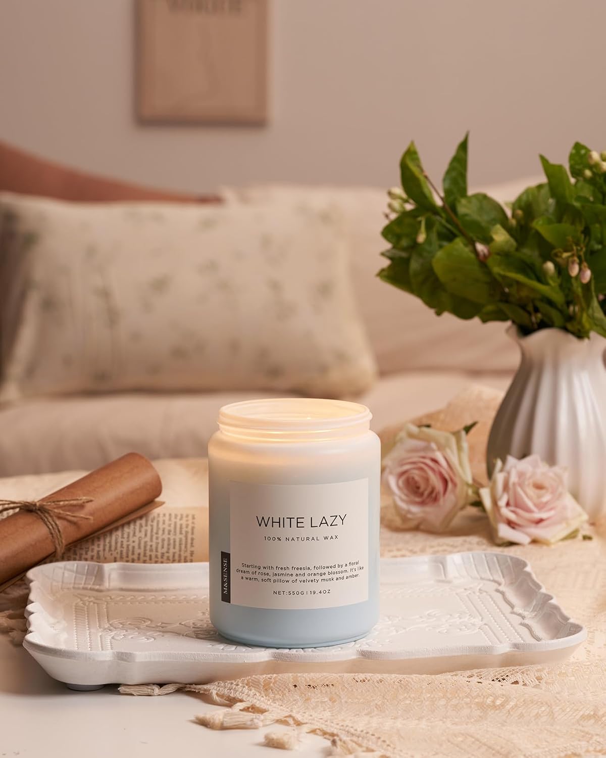 M&SENSE Spring Scented Candle, Jasmine Clean Cotton Soy Wax Large 19.4oz 110 Hour Long Lasting Burning Non Toxic Organic Natural 2 Wick Relaxing Jar Candle for Women