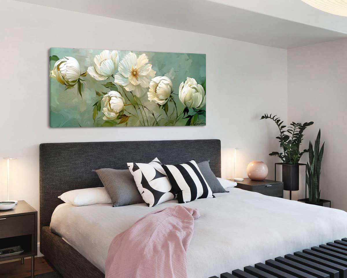 LASMOND Blooming White Flowers Plants Wall Art Decor Artwork for Bedroom (30x60 Inches)