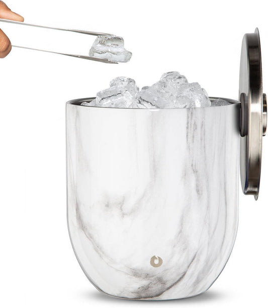 SNOWFOX Premium Vacuum Insulated Stainless Steel Ice Bucket with Lid/Tongs, Non-Rubber Bottom, Home Bar Accessories, Bartending Ice Buckets for Parties, Outdoor Entertaining Supplies, 3L, Marble