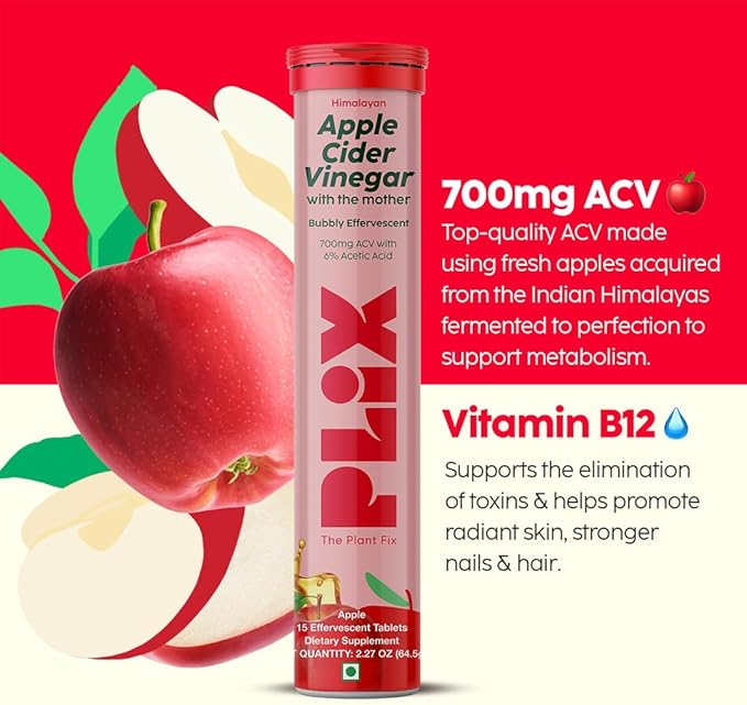 PLIX THE PLANT FIX Apple Cider Vinegar Effervescent Tablets with The Mother, 700mg ACV with VIT B12, B6, Pack of 8 |Vegan, No Added Sugar, Non-GMO & Gluten-Free