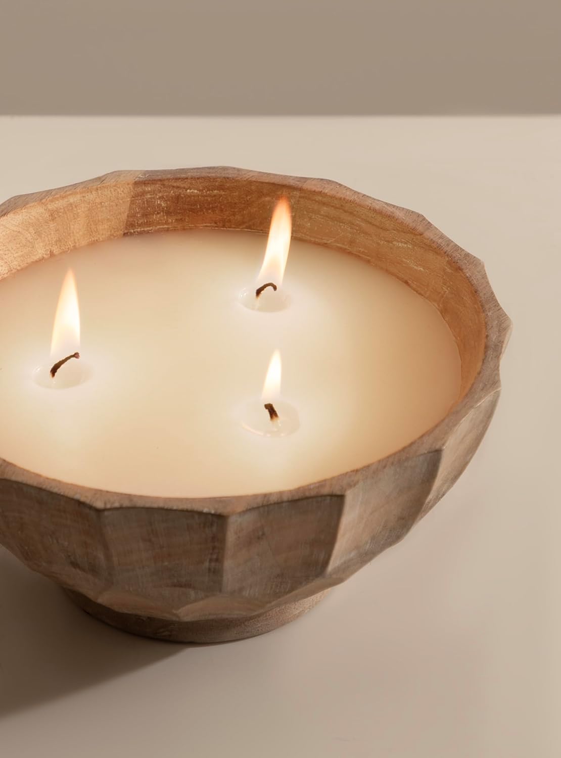 Kate and Laurel Plete Round Pleated Wood Candle Bowl, 8 Inch Diameter, Light Natural, Modern Scalloped Three-Wick Unscented Candle with Decorative Bowl for Living Room Decor