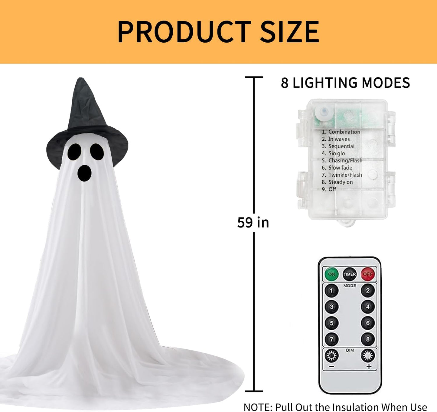 2 Packs Halloween Ghost Outdoor Decorations, 59โ Light Up Ghost Decor with Remote Control, Adjustable Height Standing Halloween Lighted Ghost Kit with Witch Hat Ideal for Porch, Garden, Yard