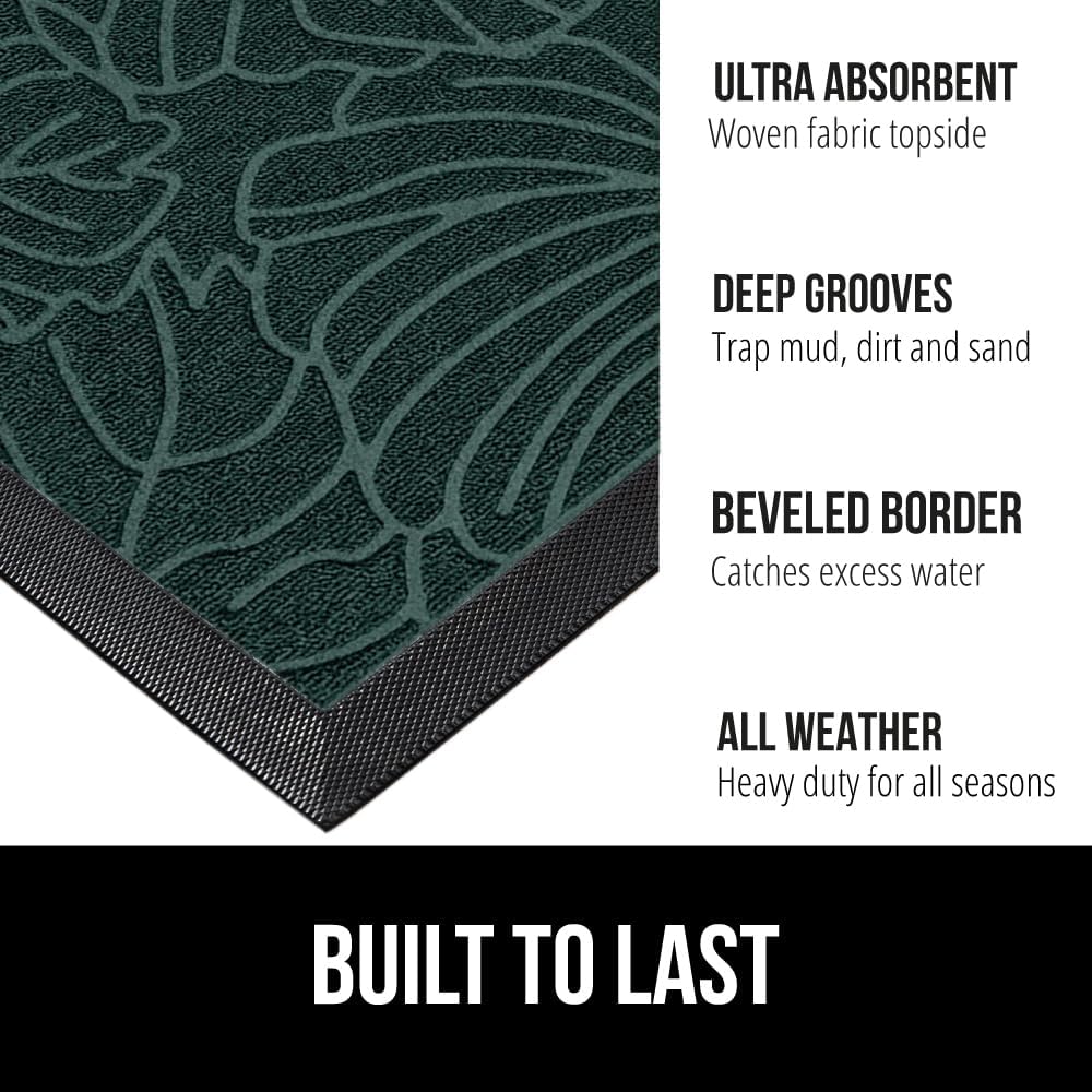 GORILLA GRIP 100% Waterproof All-Season WeatherMax Doormat, 47x35, US Designed Natural Rubber, Stain and Fade Resistant, Low Profile Indoor Outdoor Door Mats, Easy Clean Patio Mat, Green Palm