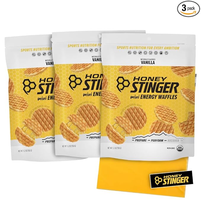Honey Stinger Mini Waffles – Variety Pack With Sticker and Polybag – 3 Count – Vanilla Flavor – Energy Source for Any Activity – Resealable Bags