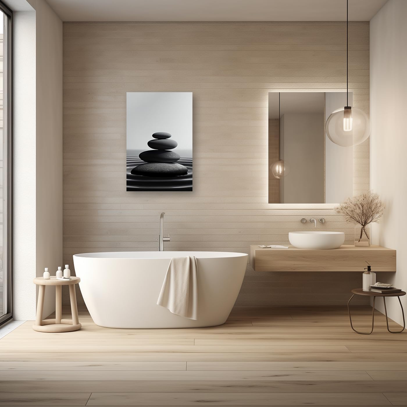 DOARTDO Zen Stone Canvas Wall Art Black and White Spa Stones Picture Print Modern Meditation Spirit Bathroom Decor Frame (28.00" x 42.00", Zen Stone - 1)