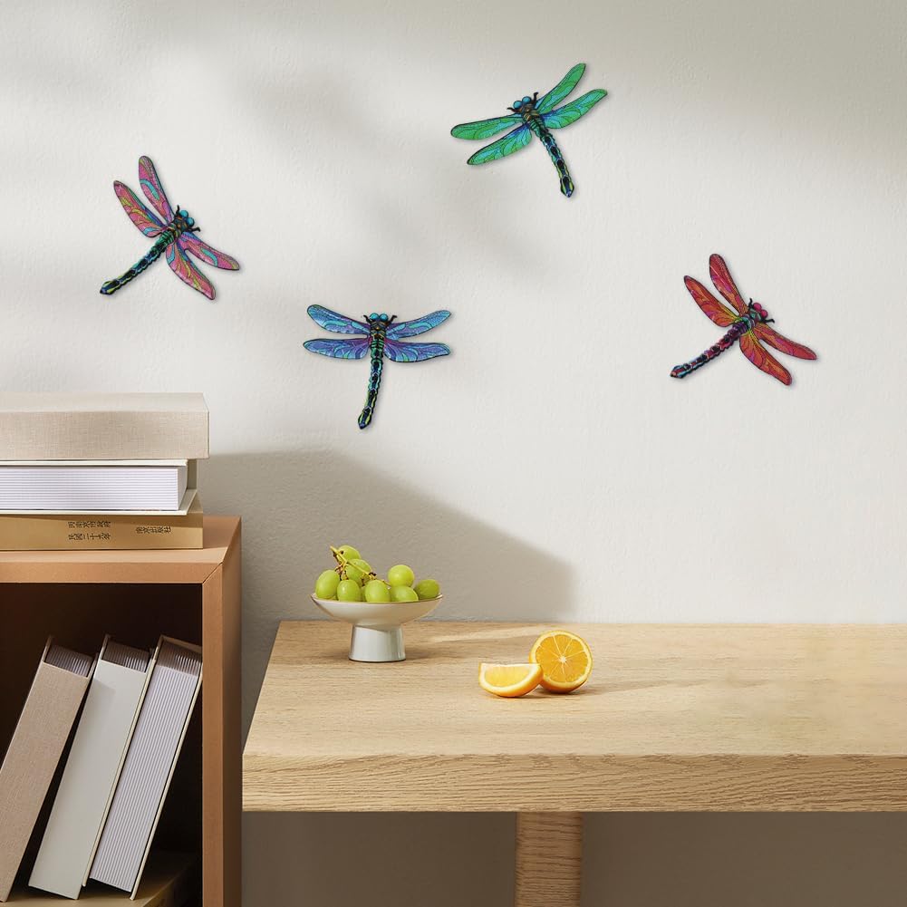 Metal Dragonfly Wall Decor Art, 4 Pack Colorful Metal Dragonflies Outdoor Wall Art, Hand Painted Outdoor Wall Decor for Garden, Yard, Fence, Patio, Outside, Living Room Decoration