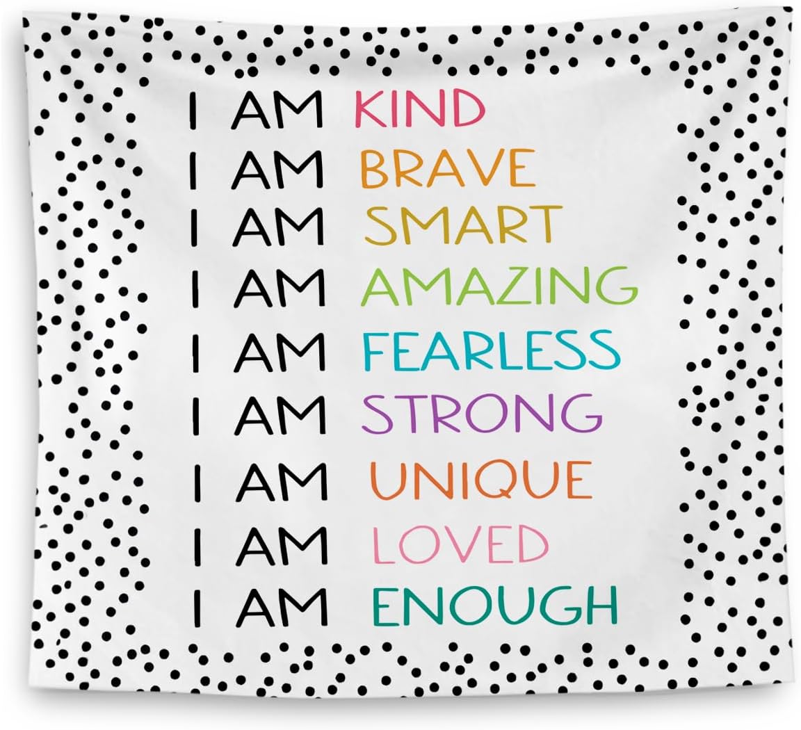 QGFM Positive Affirmations Wall Decor, I am Kind Brave Smart Inspirational Tapestry Wall Hanging for Classroom Nursery Kids Room Playroom Decor, Positive Affirmations for Kids, 50x60 Inches