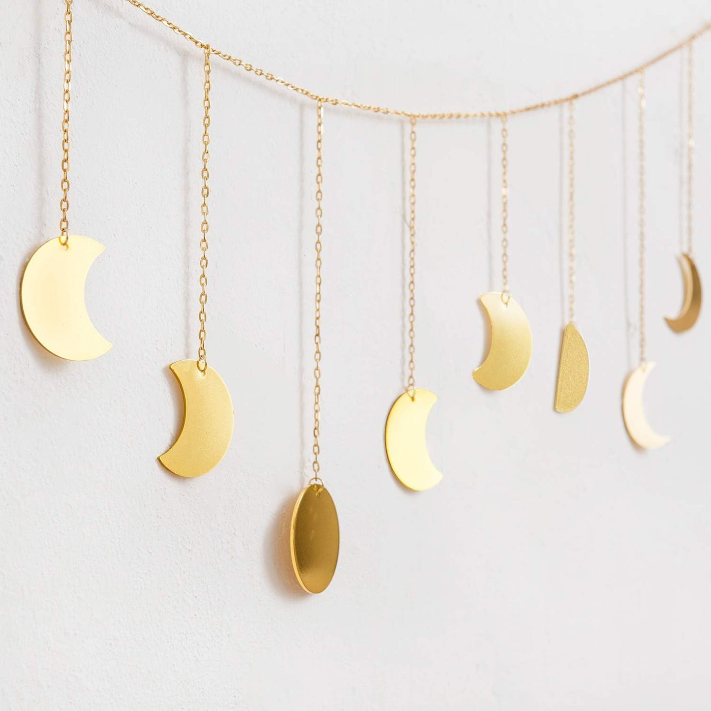 Mkono Moon Phase Wall Hanging Boho Aesthetic Room Decor Metal Moons Garland Hanging Art Bohemian Home Decoration for Girls Room Nursery Bedroom Livingroom Dorm, Ideal, Gold, 55"