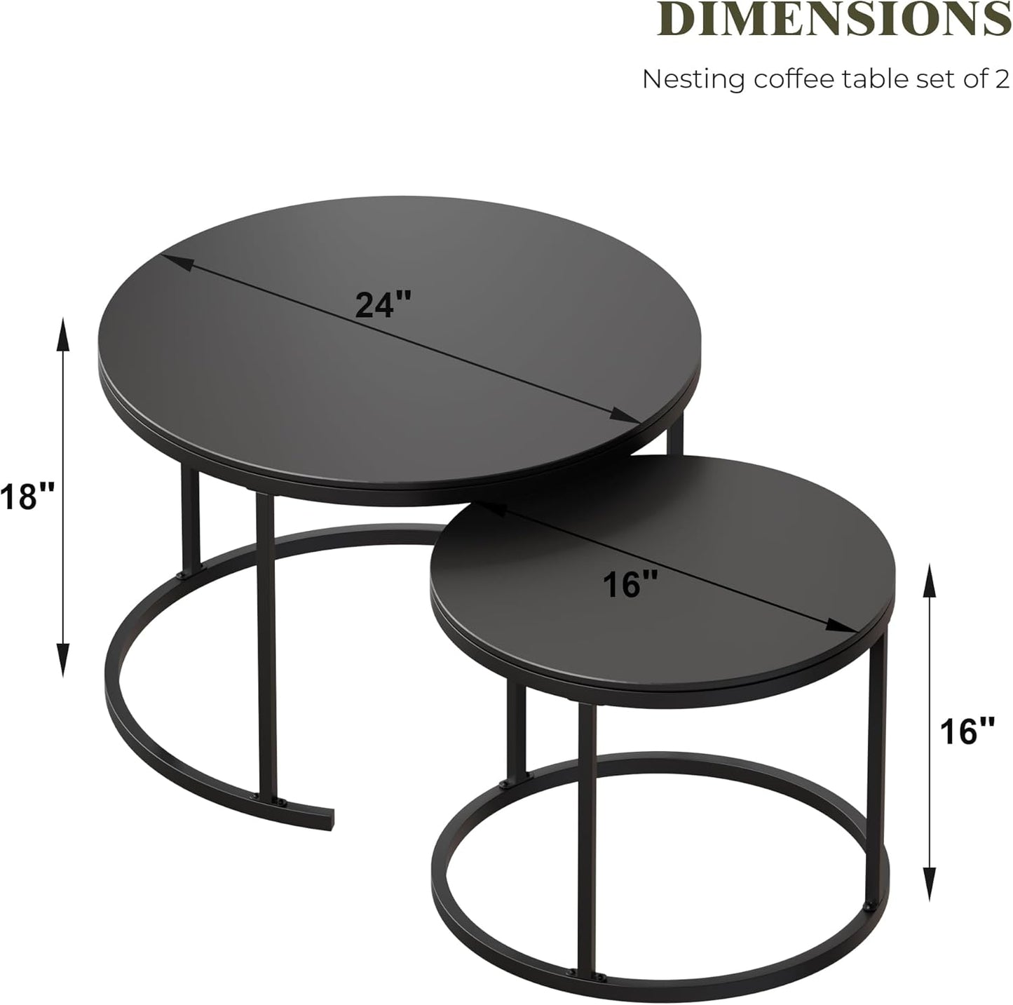 Round Nesting Coffee Table, Black Modern Decorative Coffee Center Table Set of 2,Round Sintered Stone 24'' Coffee Table for Living Room with Sturdy Metal Frame.