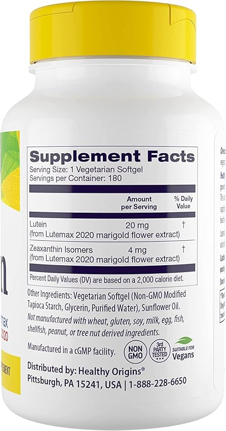Healthy Origins Lutein (Lutemax 2020), 20 mg 180 Veggie