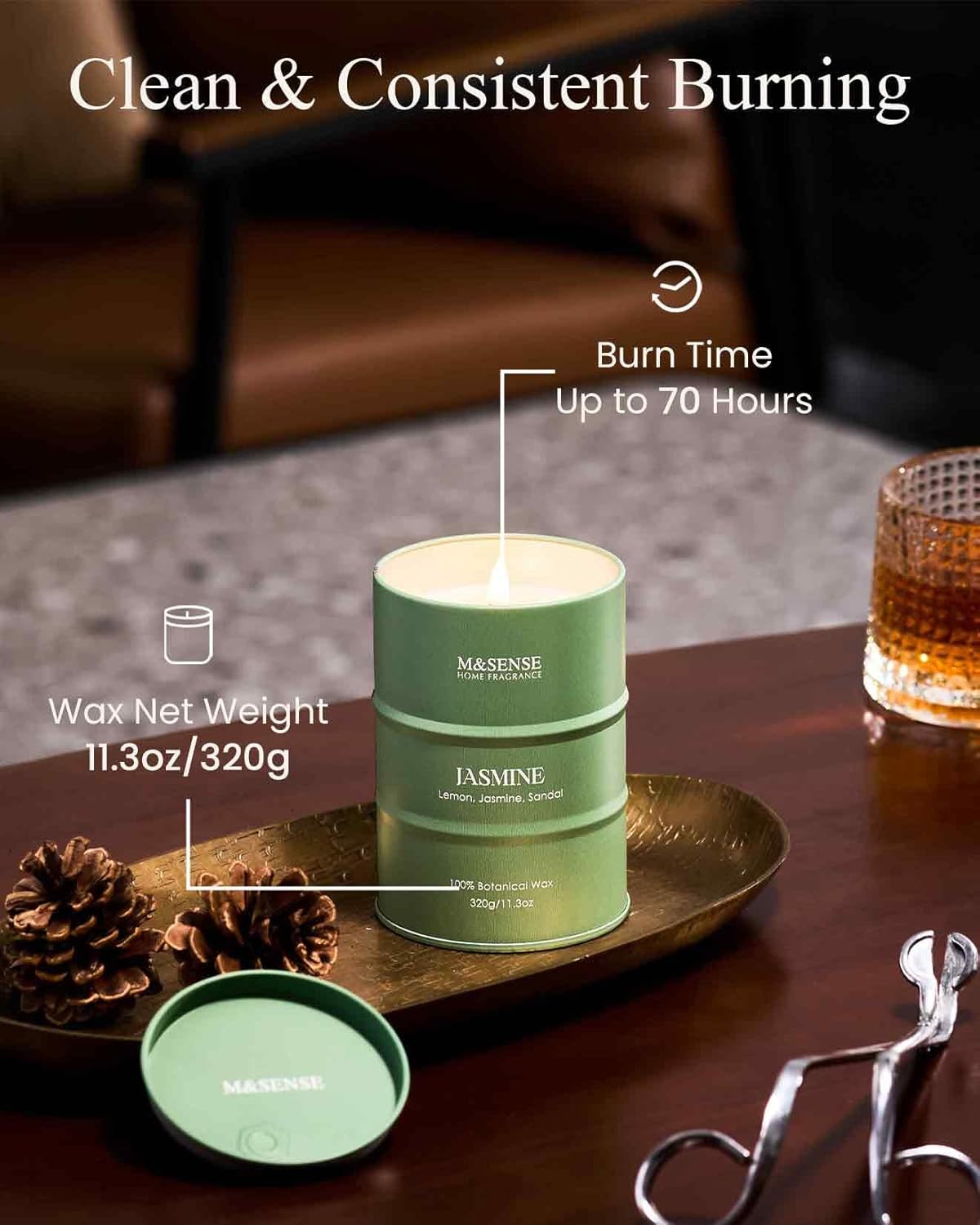 M&SENSE Jasmine Scented Candles Natural Non Toxic, Aromatherapy Candle for Stress Relief Meditation Relaxing, Housewarming Gifts for Women Men, 11.3oz 70 Hour Long Burning
