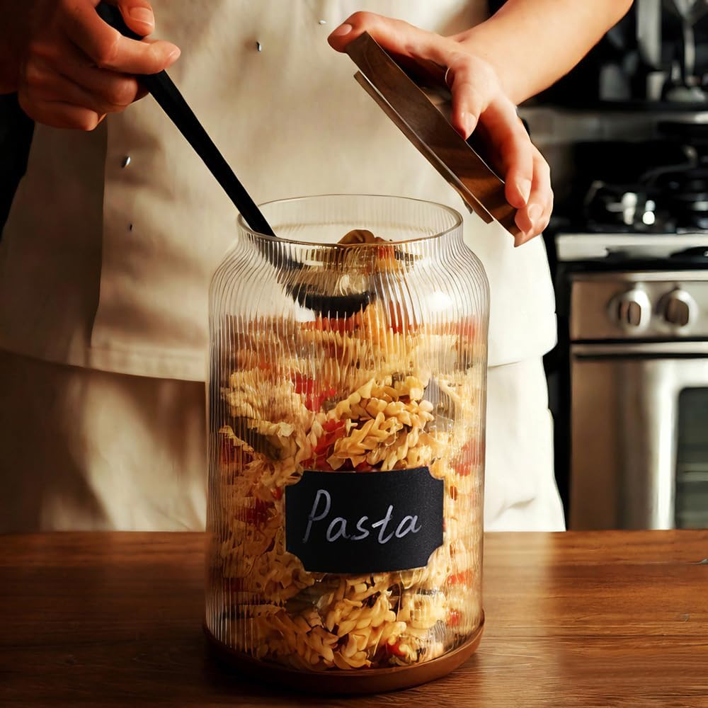 SAIOOL 2-Pack Striped Borosilicate Glass Airtight Canisters - Big mouth Large Capacity, Acacia Wood Lid, Food Storage Jars for Flour, Pasta, Pantry Organization (3/4 Gallon (2 Striped pack))